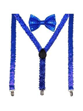 Men AB Elastic Band Blue Sequin Suspender With Maching Polyester Bowtie